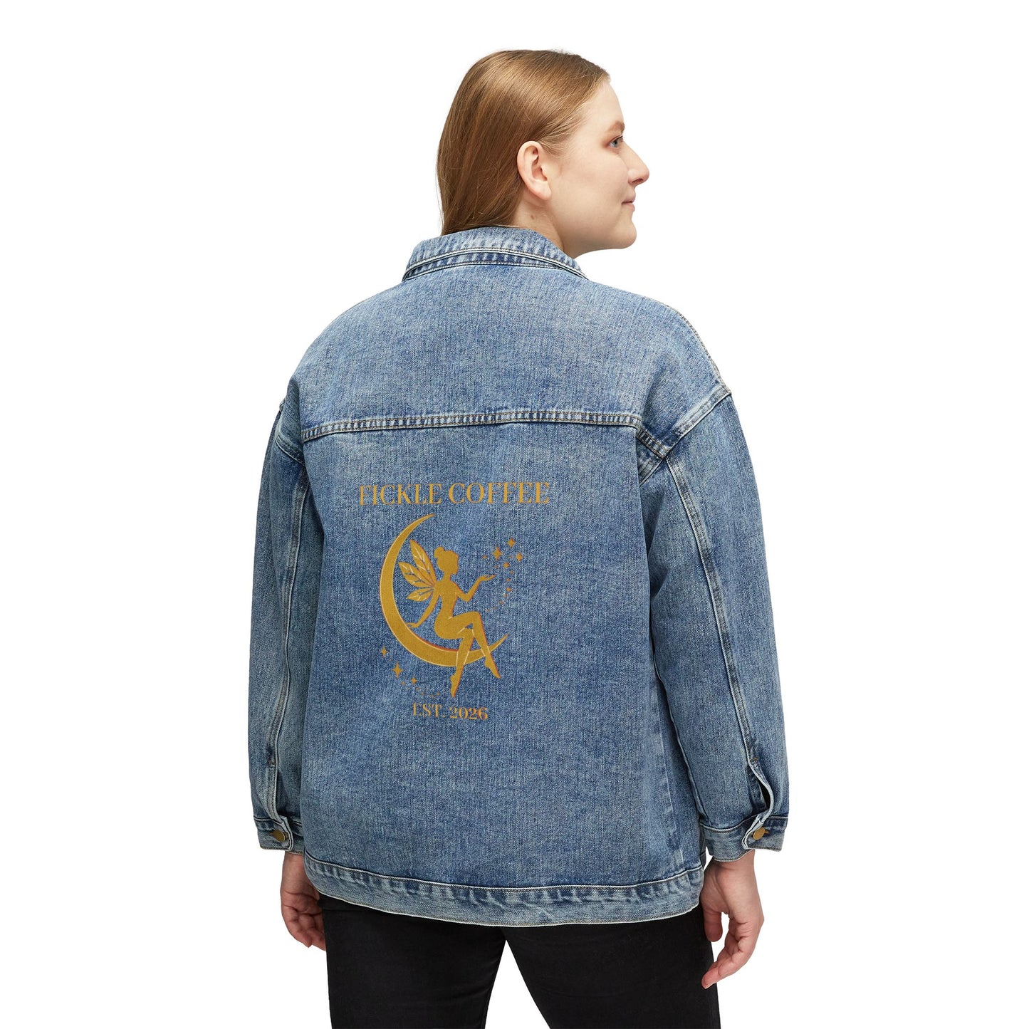 Women's Denim Jacket with Gold Fairy Moon Backprint — Boho Vintage Jean Jacket