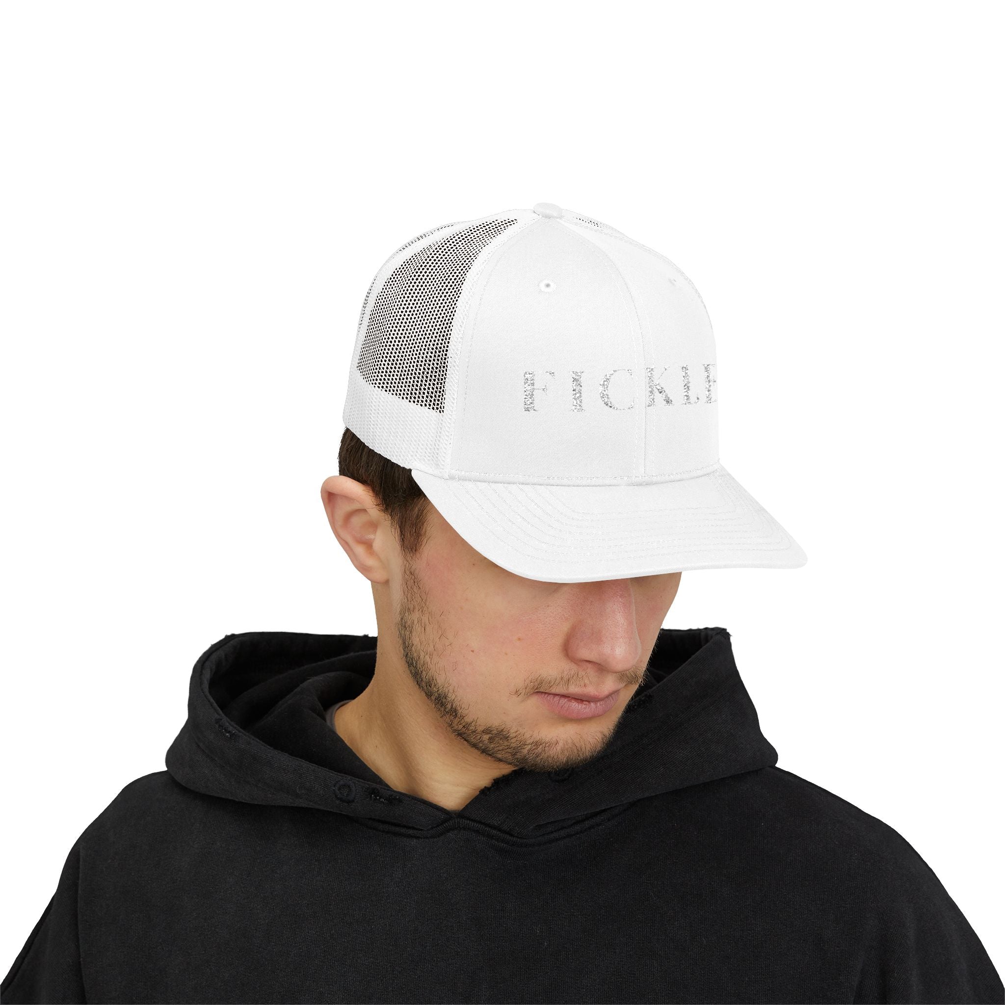 Fickle Snapback Trucker Cap — Vintage Distressed Text Mesh