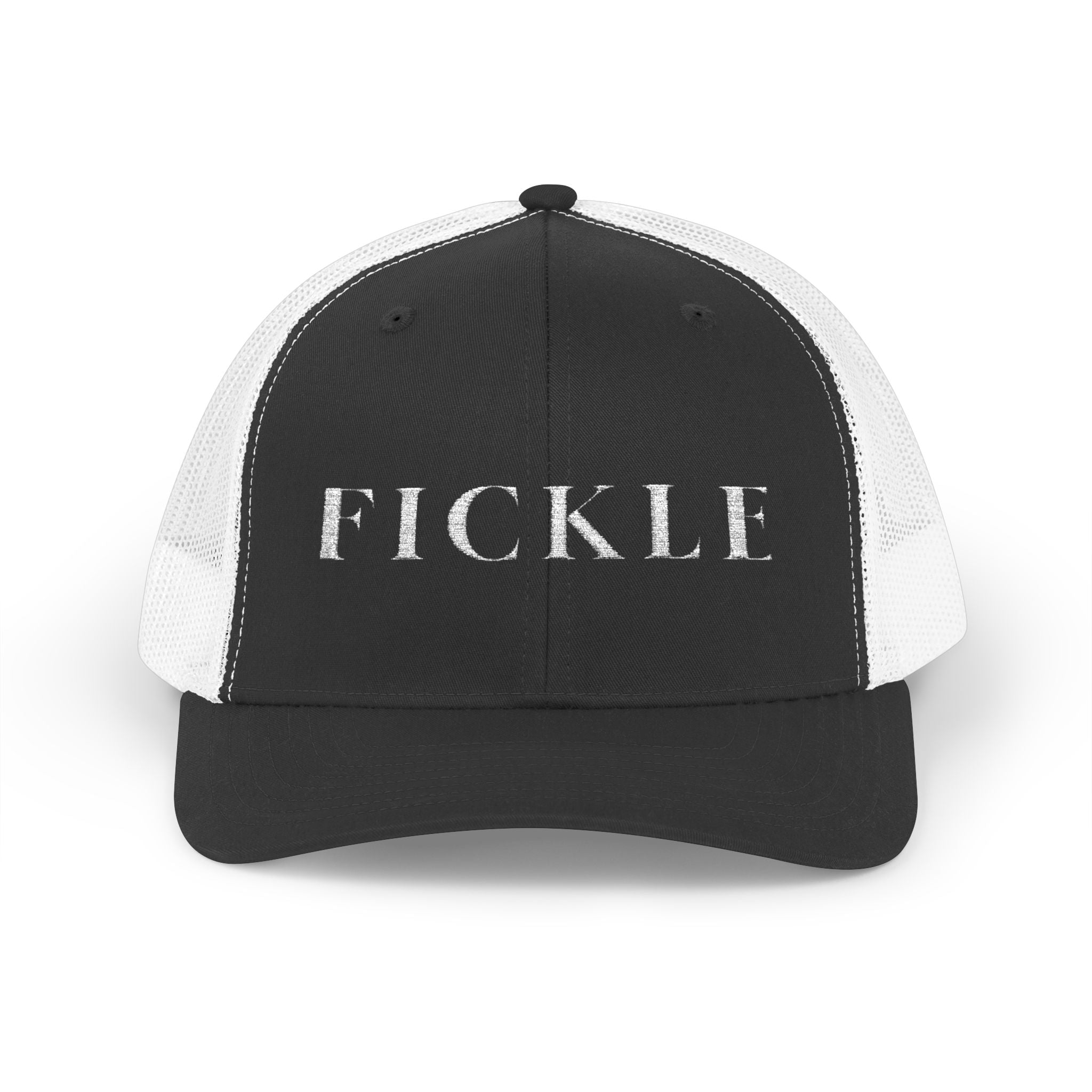 Fickle Snapback Trucker Cap — Vintage Distressed Text Mesh