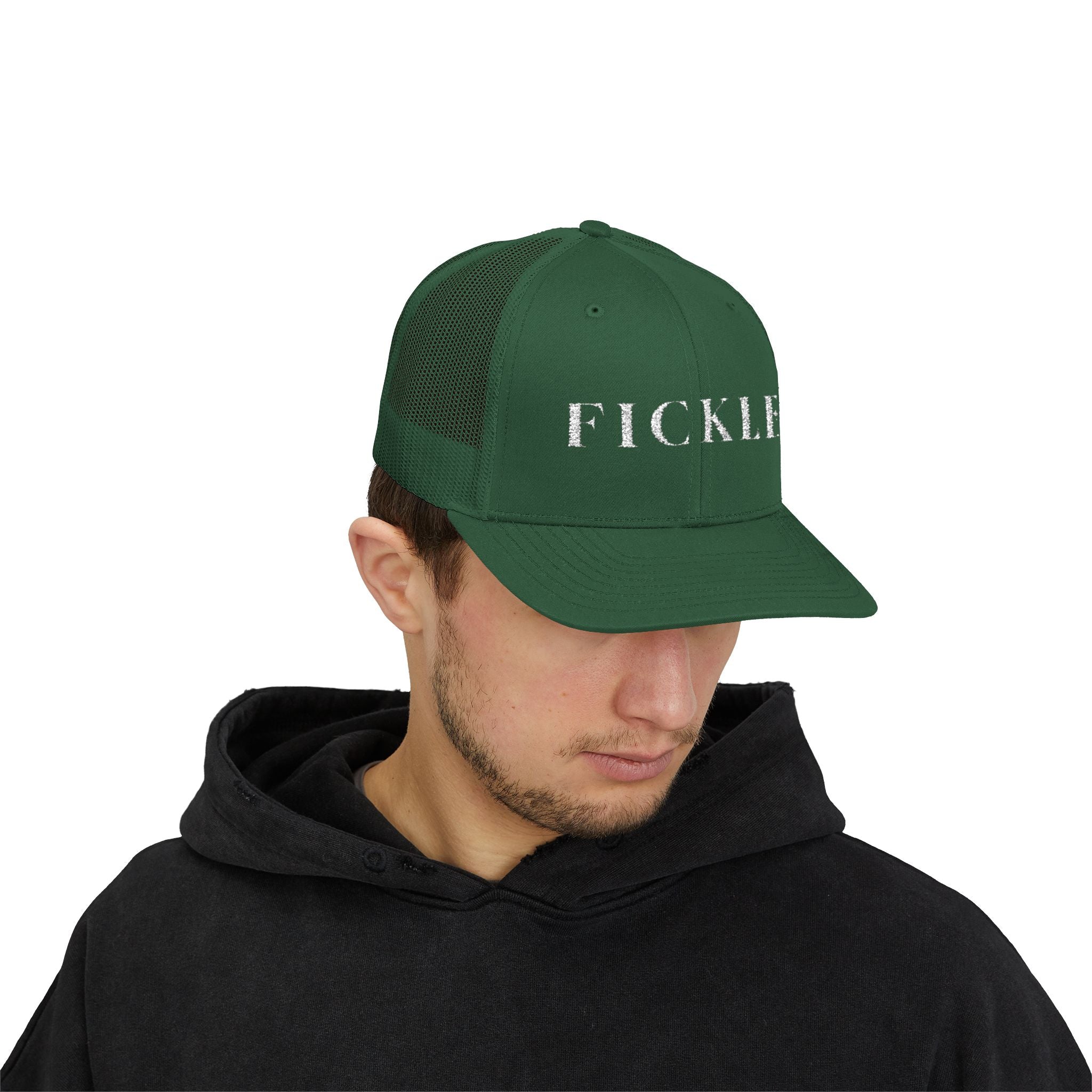 Fickle Snapback Trucker Cap — Vintage Distressed Text Mesh