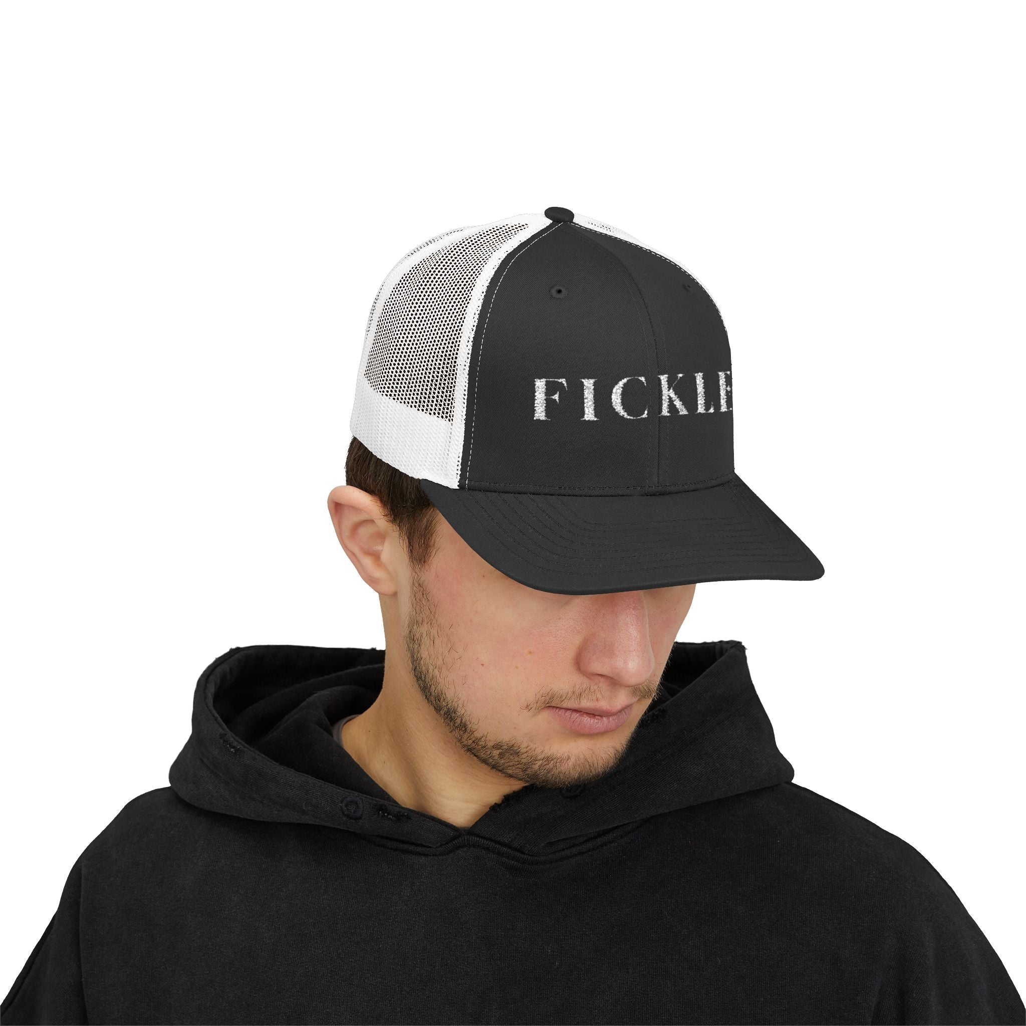 Fickle Snapback Trucker Cap — Vintage Distressed Text Mesh