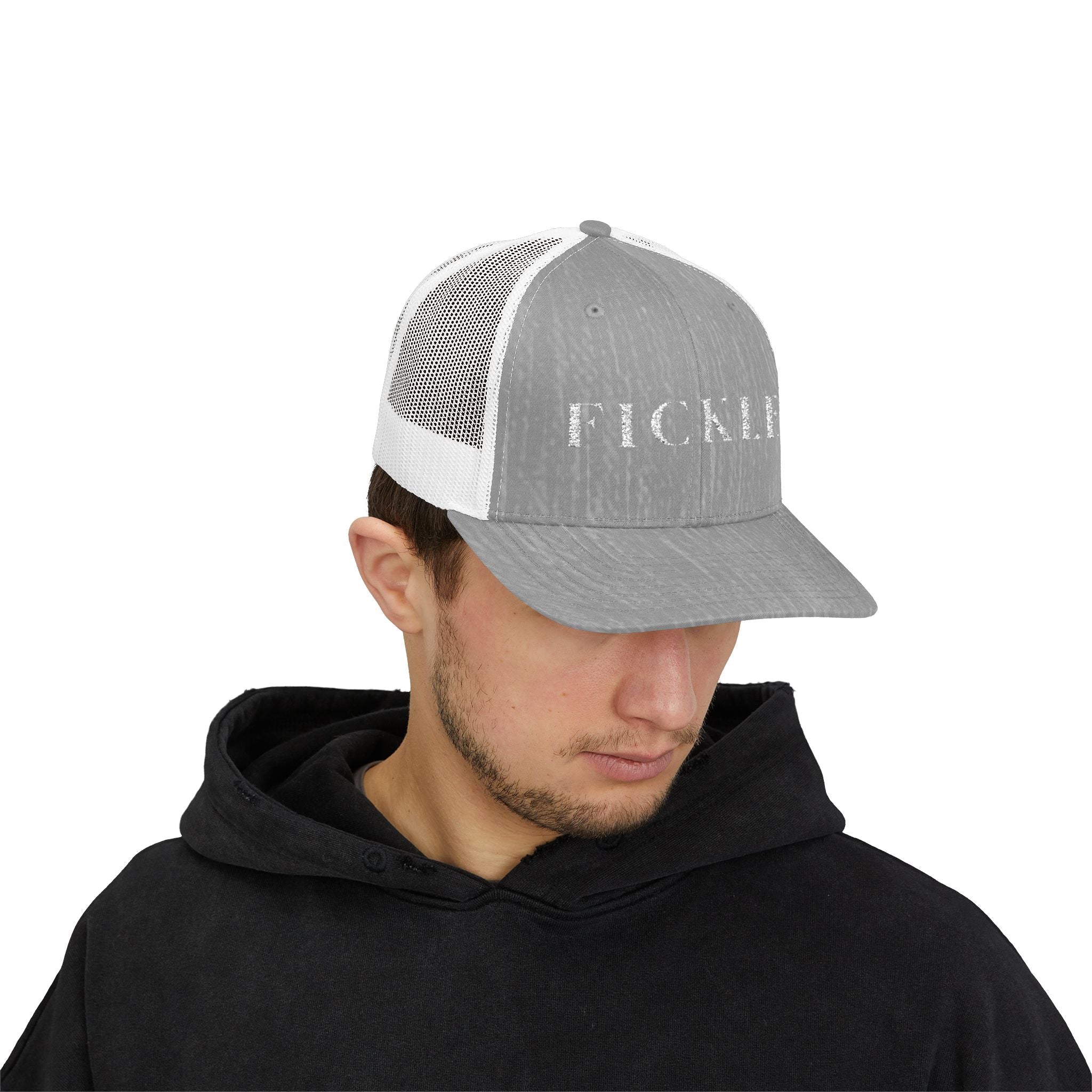Fickle Snapback Trucker Cap — Vintage Distressed Text Mesh