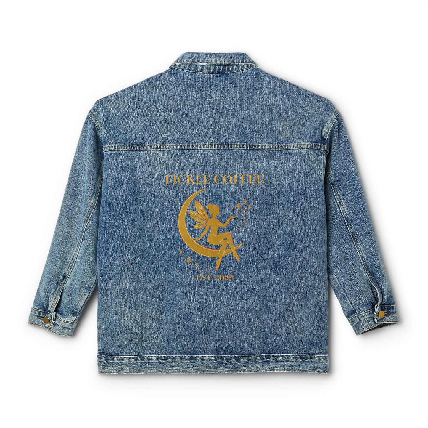 Women's Denim Jacket with Gold Fairy Moon Backprint — Boho Vintage Jean Jacket